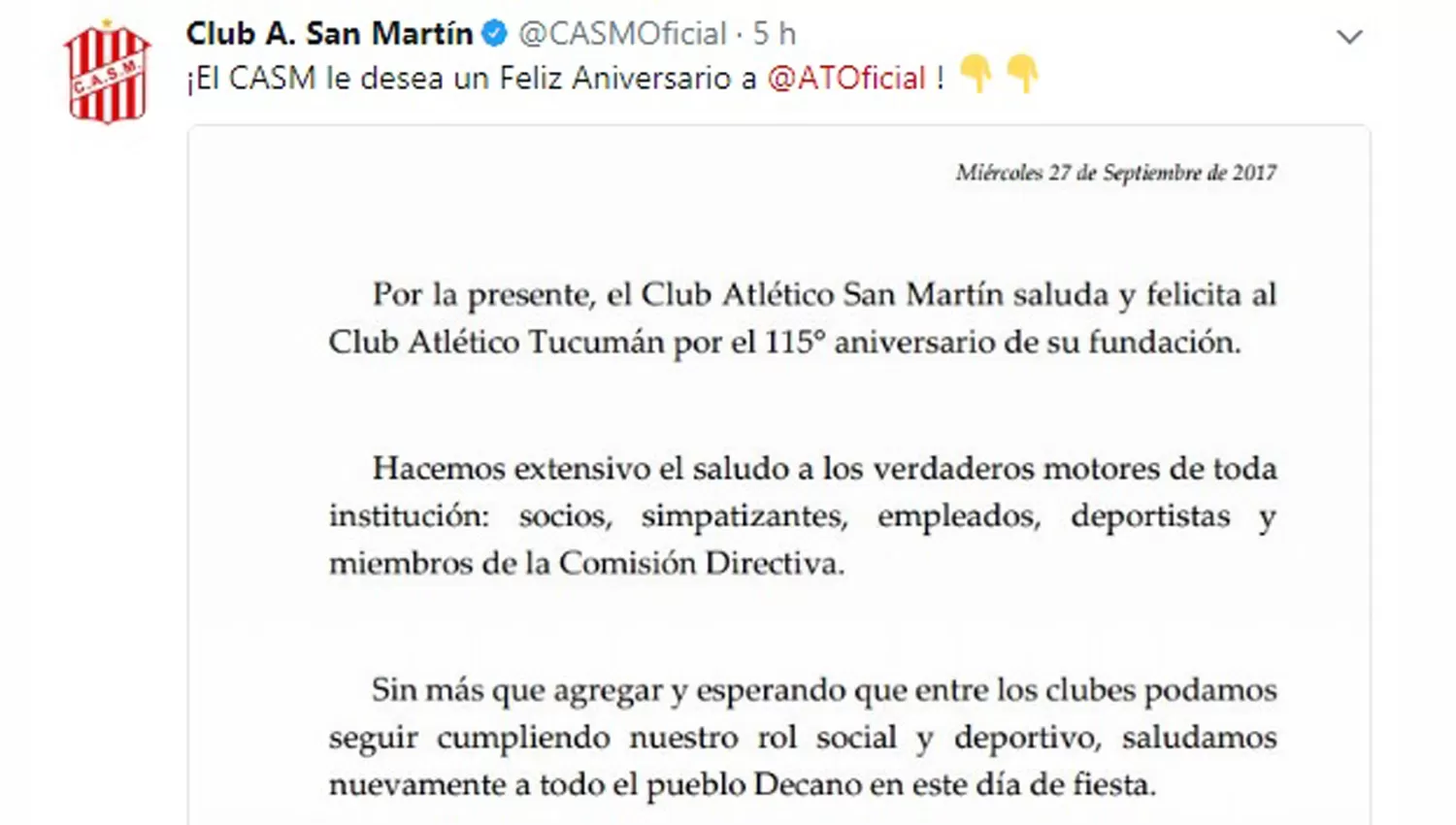San Martín también le deseó un feliz cumpleaños a Atlético