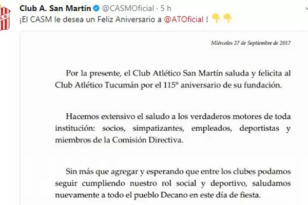 San Martín también le deseó un feliz cumpleaños a Atlético