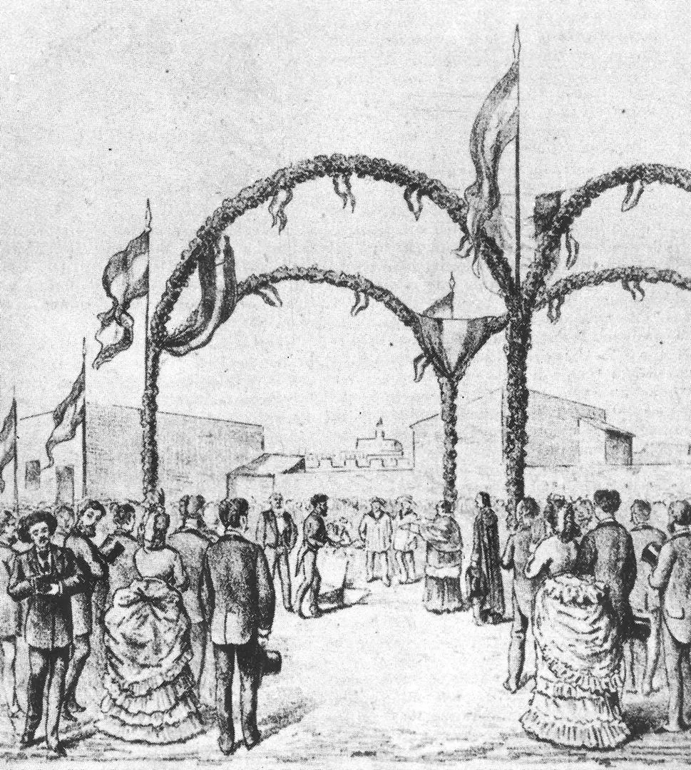 31 DE OCTUBRE DE 1876. La inauguración del ferrocarril de Tucumán, según un dibujo de época. 