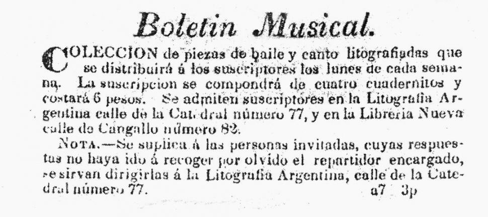 “BOLETIN MUSICAL”. Aviso de 1837 de la publicación porteña que editó partituras de Zavalía, de Alberdi y de Esnaola, entre otros jóvenes músicos.