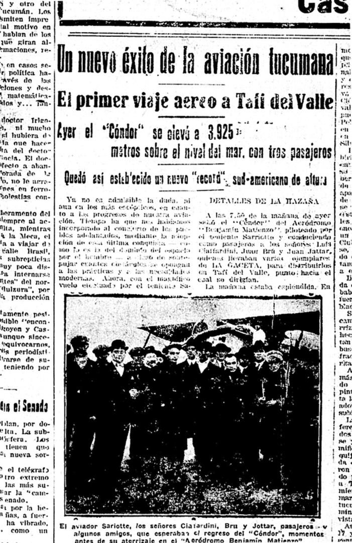 AVIACIÓN. El 22 de julio de 1921 se realiza el primer viaje a Tafí. 