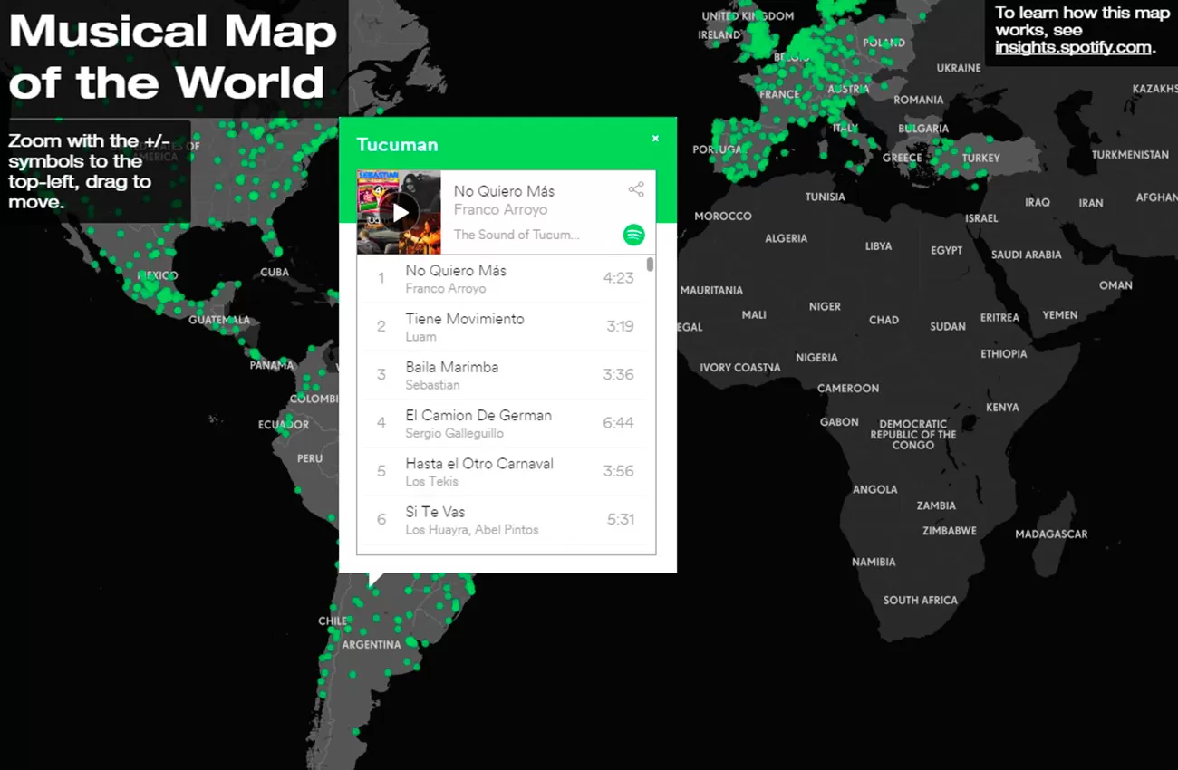 Mapa interactivo: estas fueron las canciones más escuchadas en Tucumán según Spotify