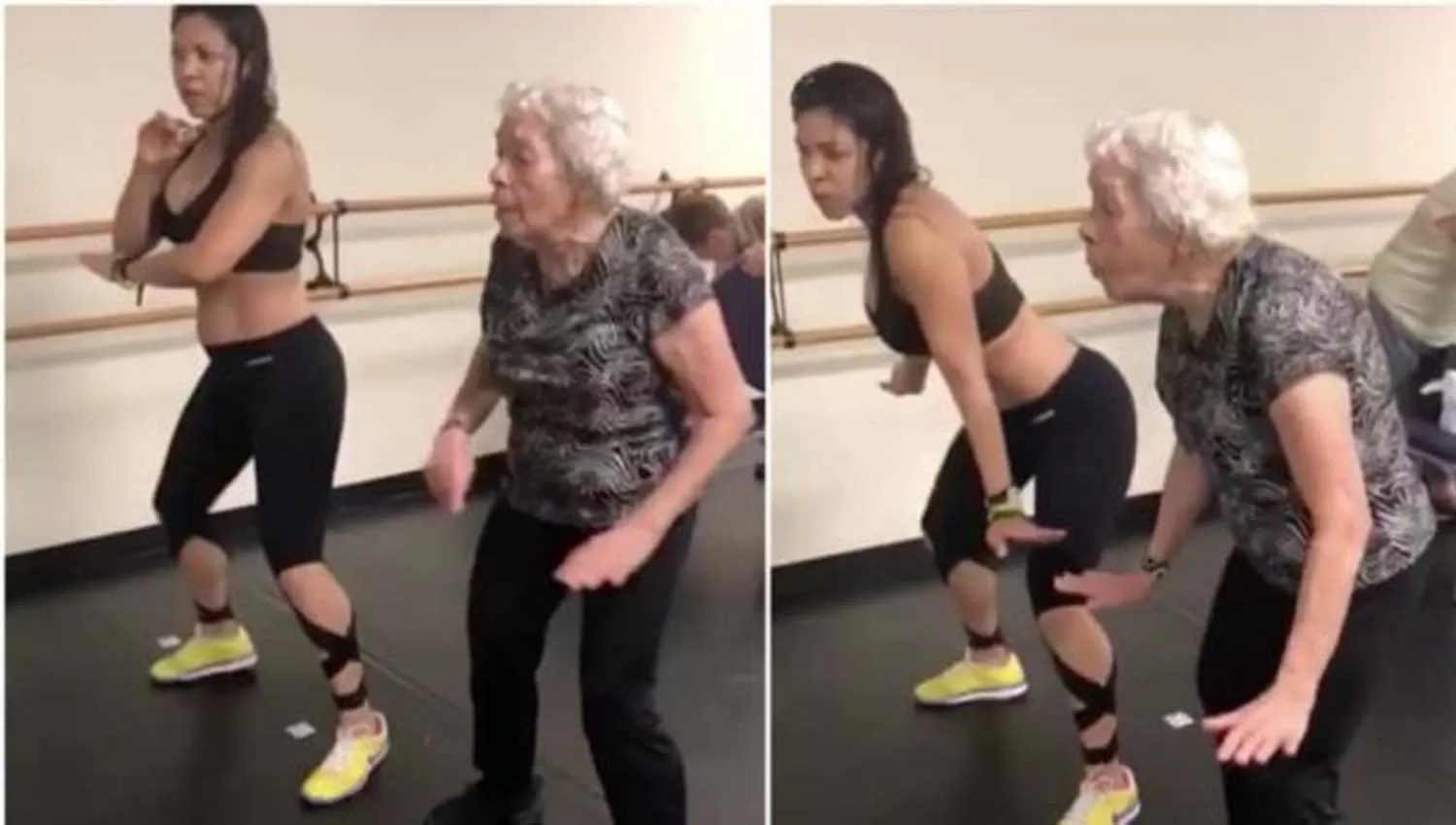 INCREÍBLE. .La señora de 90 años junto a su entrenadora bailando Dura .CAPTURA DE VIDEO.