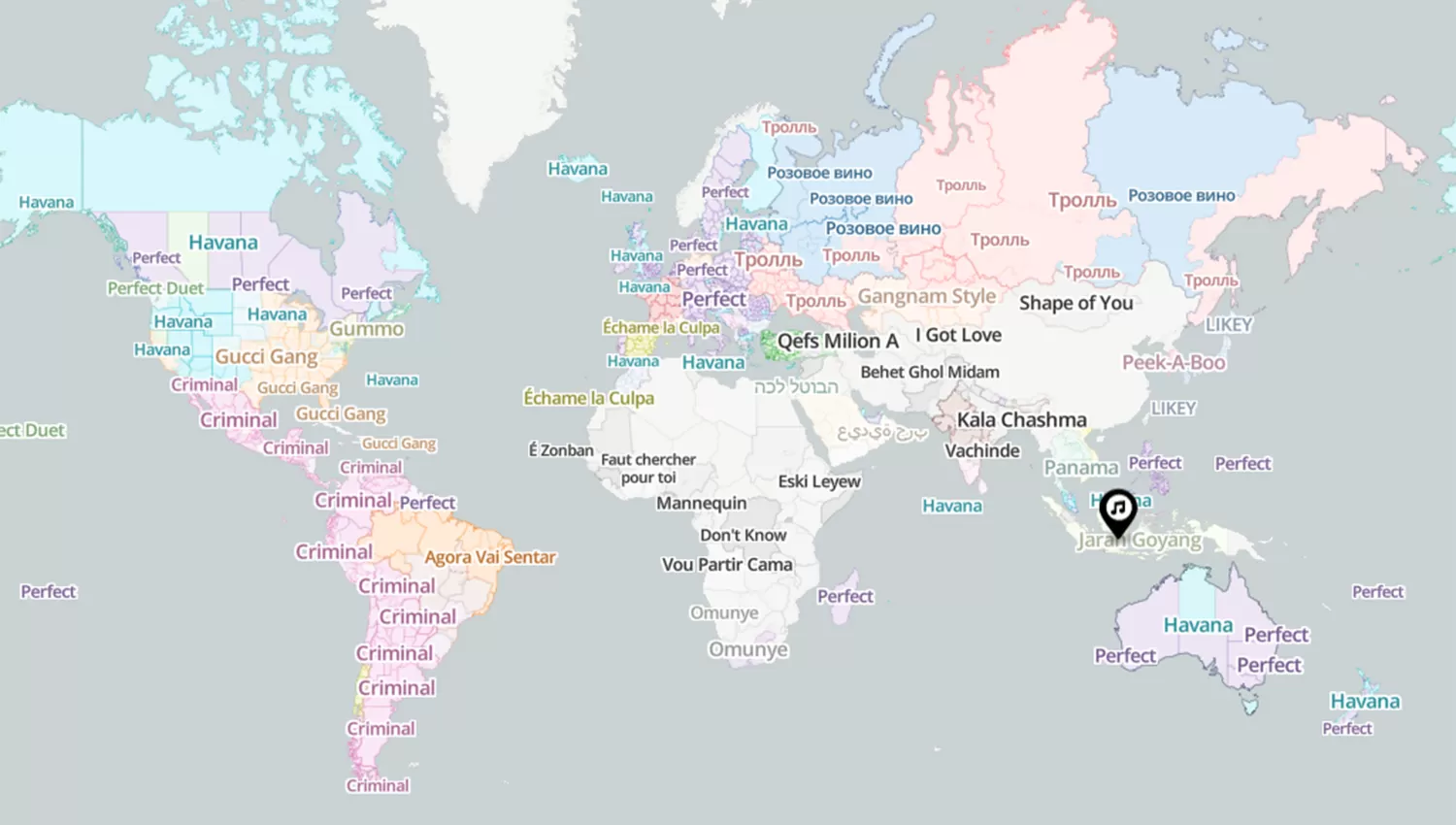 Una compañía diseñó un mapa que muestra cuál es la canción número 1 en cada ciudad del mundo