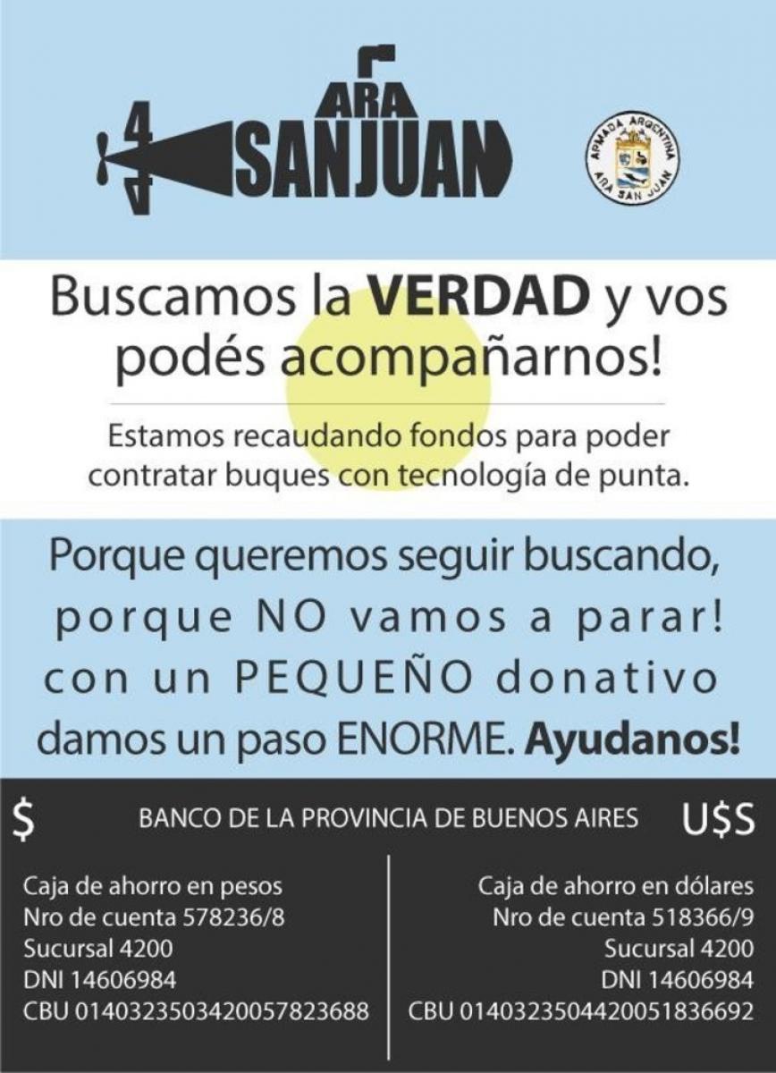 El afiche que los familiares de los tripulantes del ARA San Juan están difundiendo para recaudar fondos. FOTO TOMADA DE CLARÍN.COM