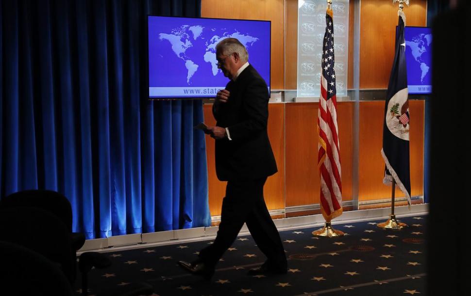 RETIRADA. Tillerson, luego de ofrecer una conferencia de prensa sobre su despido como secretario de Estado. Reuters