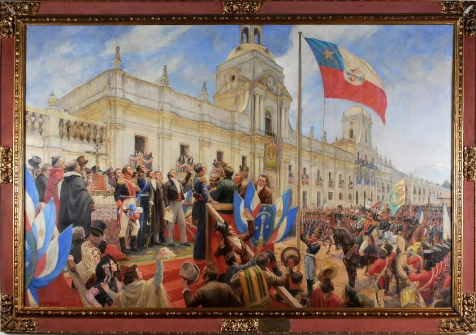 LA INDEPENDENCIA DE CHILE. El óleo de Pedro Subercaseaux reconstruye el solemne acto, realizado en Santiago un mes antes de la sorpresa de Cancha Rayada. 