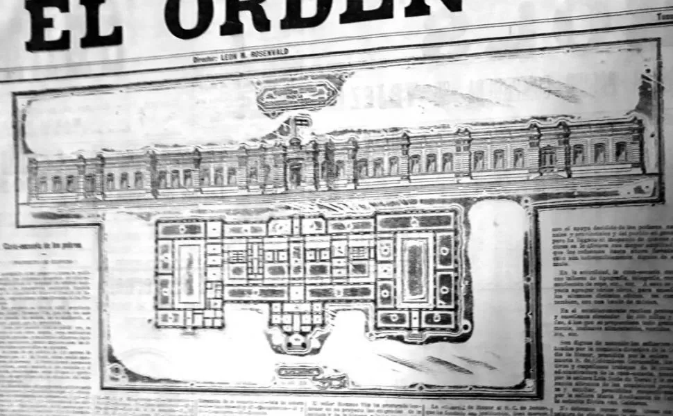 PLANTA Y FACHADA DE 1907. Borrosa fotografía del plano que ejecutó el arquitecto Ángel Romano Vita, publicada en “El Orden”. 