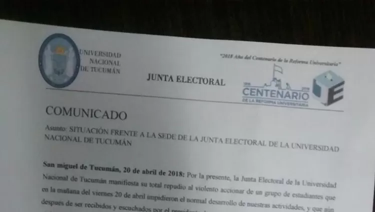 COMUNICADO. A través de esta carta, la Junta Electoral repudió el accionar de los estudiantes. FOTO ENVIADA A LA GACETA. 