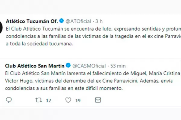 San Martín y Atlético expresaron sus condolencias por el derrumbe