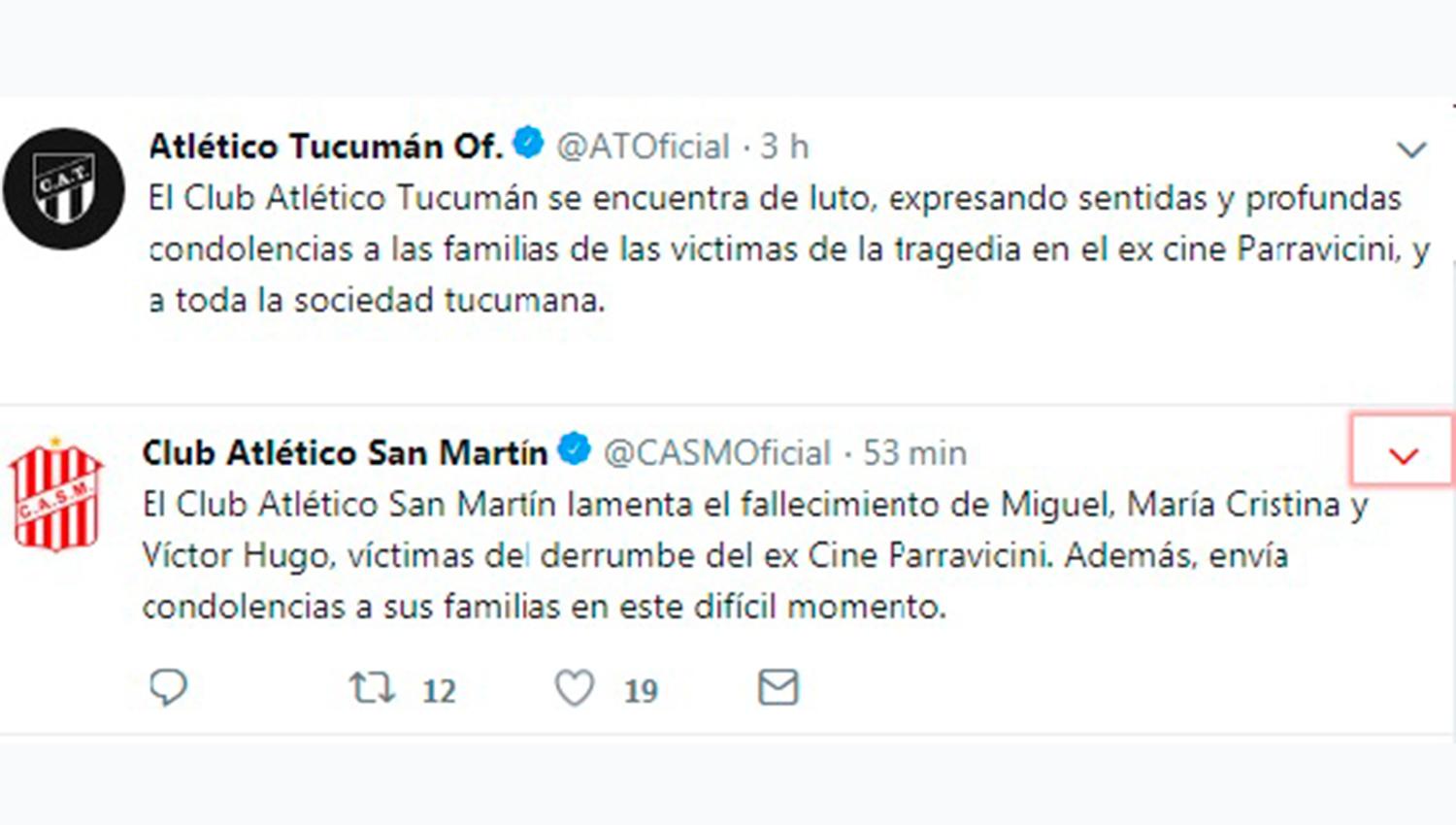 San Martín y Atlético expresaron sus condolencias por el derrumbe