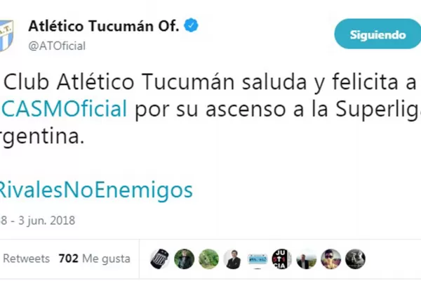 Atlético saludó a San Martín por su ascenso a Primera