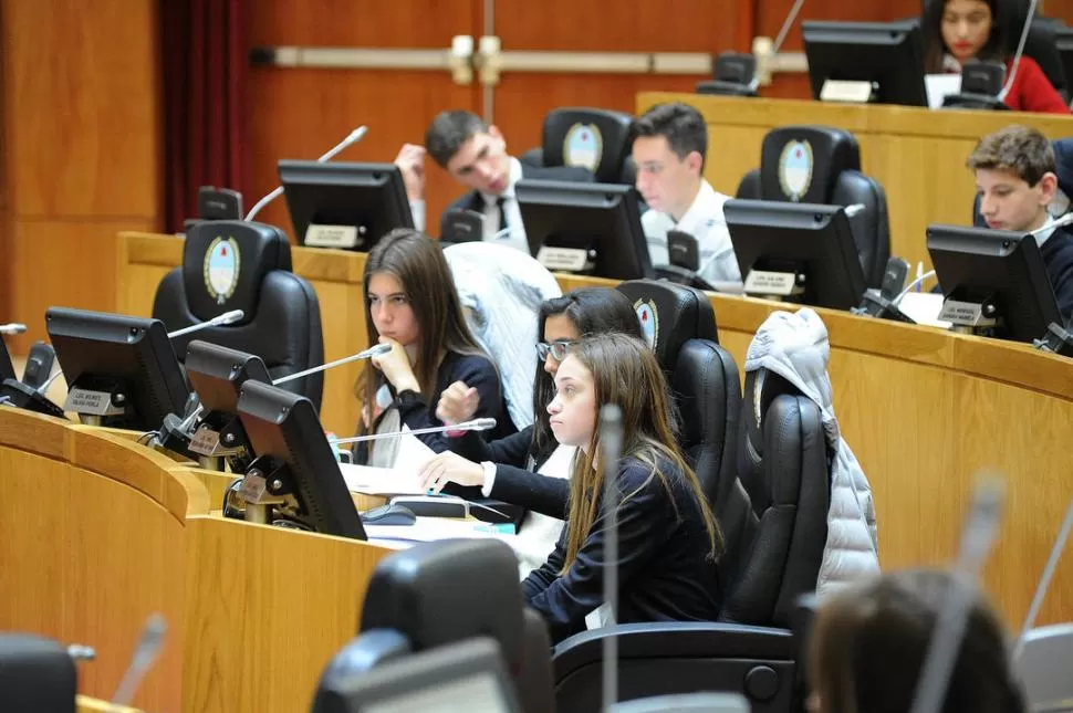 EN PLENO DEBATE. 41 estudiantes secundarios sesionan en la Legislatura. LA GACETA / FOTO DE HÉCTOR PERALTA.