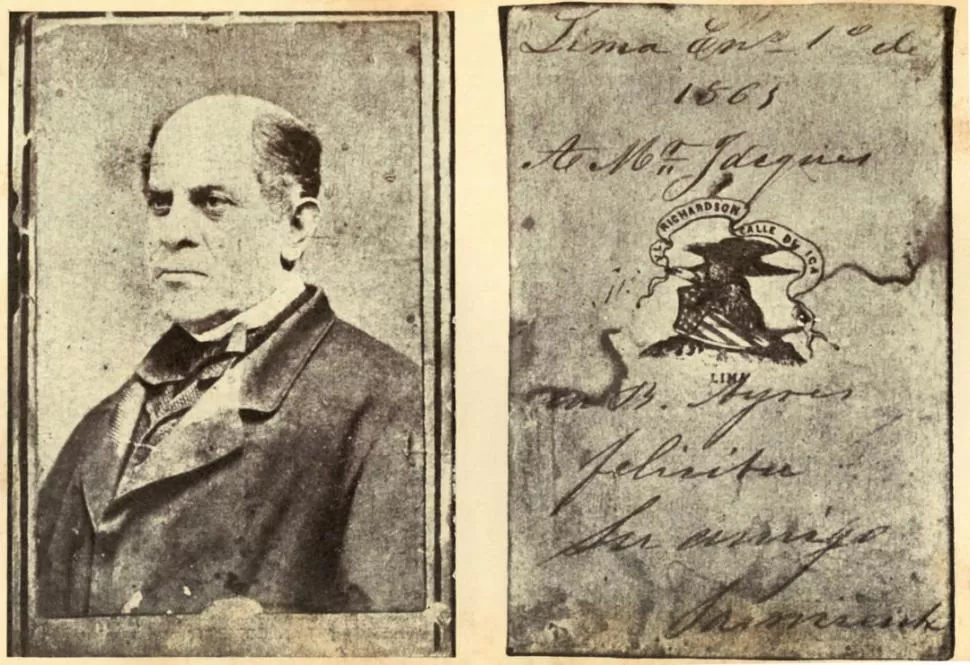 FOTO DE SARMIENTO DEDICADA. Desde Lima, el 1 de enero de 1865, el sanjuanino envió a Amadeo Jacques su retrato. “Felicités”, le deseaba en el Año Nuevo. 