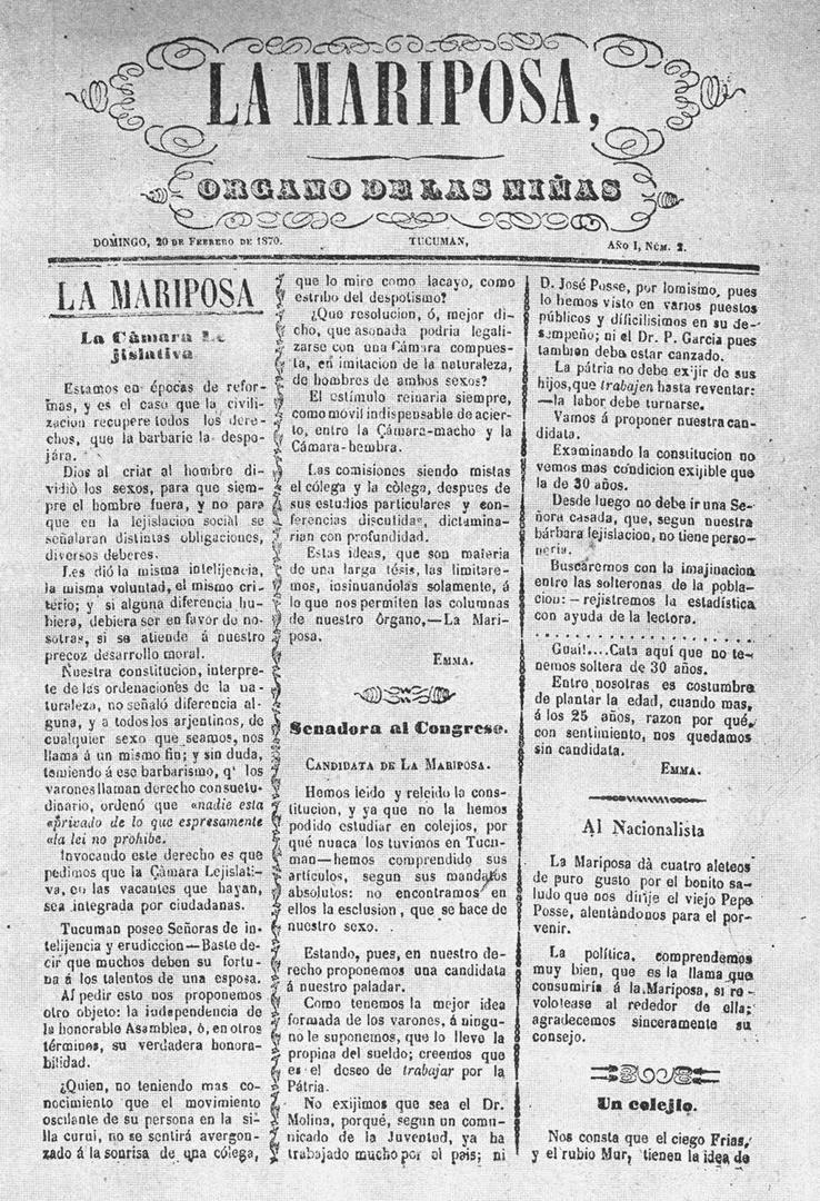 “LA MARIPOSA”. Única hoja que se conoce del “Órgano de las Niñas”, periódico tucumano de 1870 