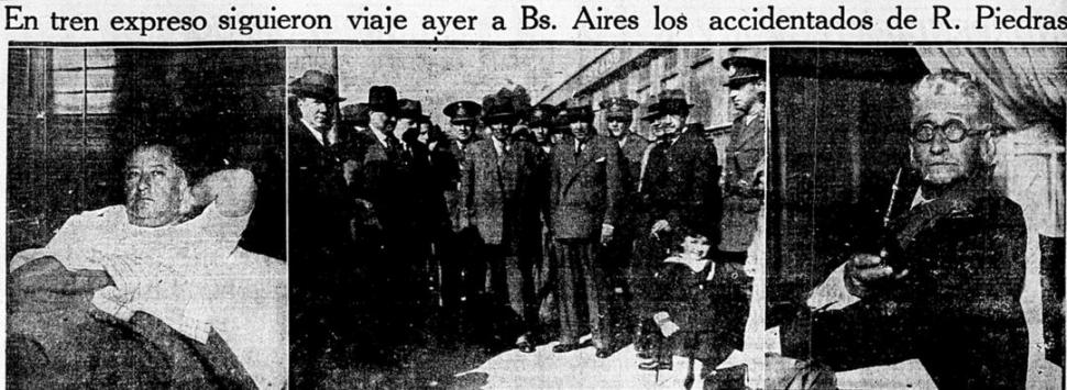 EN 1934. El aeroplano pilotado por Nougués trasladaba al ministro Melo, que salió con golpes (centro). El diputado Rojas (izquierda) sufrió heridas leves pero quedó muy impresionado, aparece en su camarote del tren que lo llevó a Buenos Aires. Pérez (derecha), del Hipotecario, se fracturó una pierna.