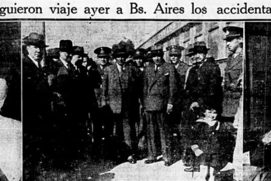 EN 1934. El aeroplano pilotado por Nougués trasladaba al ministro Melo, que salió con golpes (centro). El diputado Rojas (izquierda) sufrió heridas leves pero quedó muy impresionado, aparece en su camarote del tren que lo llevó a Buenos Aires. Pérez (derecha), del Hipotecario, se fracturó una pierna.