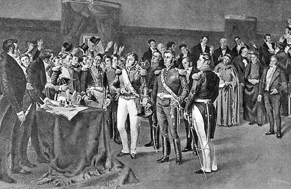 SOLEMNE RECEPCIÓN. El 17 de mayo de 1818, San Martín fue recibido por el Congreso en sesión extraordinaria. El óleo de Reinaldo Giúdice lo muestra junto al Director Supremo Pueyrredón 