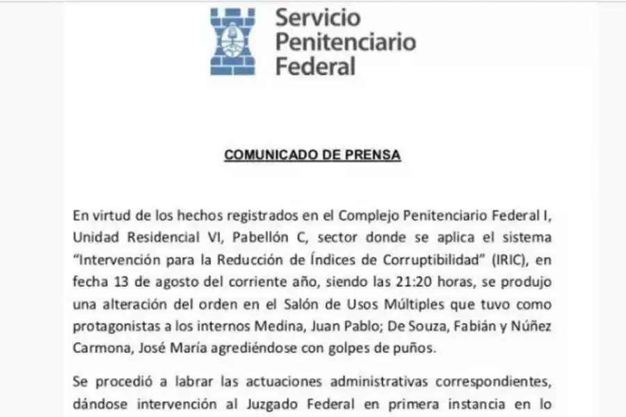 Tres presos kirchneristas se tomaron a golpes en la cárcel de Ezeiza