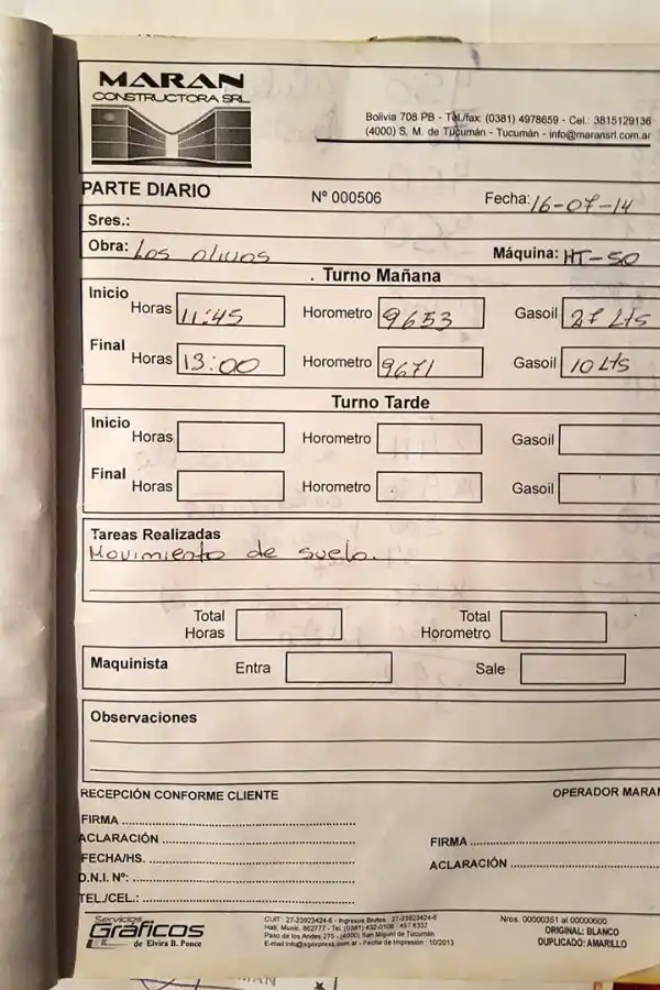 LOS OLIVOS. En registros como este, Marán habría controlado cuándo y dónde se utilizaban sus máquinas. Flores explicó que aquí anotó el uso de una máquina para la construcción de la casa de Barrionuevo. 