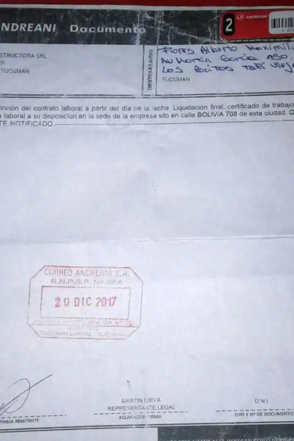 EL DESPIDO. En diciembre de 2017 Flores fue despedido de Marán. Actualmente, atraviesa una disputa legal con la empresa constructora porque, según el albañil, no se le pagó la indemnización.