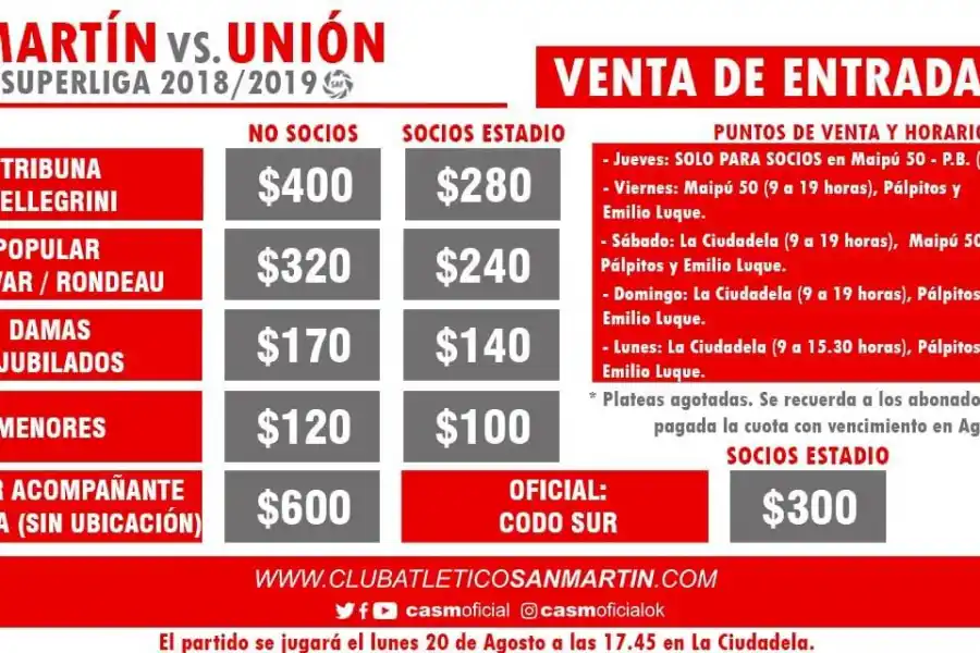 Comenzó la venta de entradas para el debut de San Martín en la Superliga