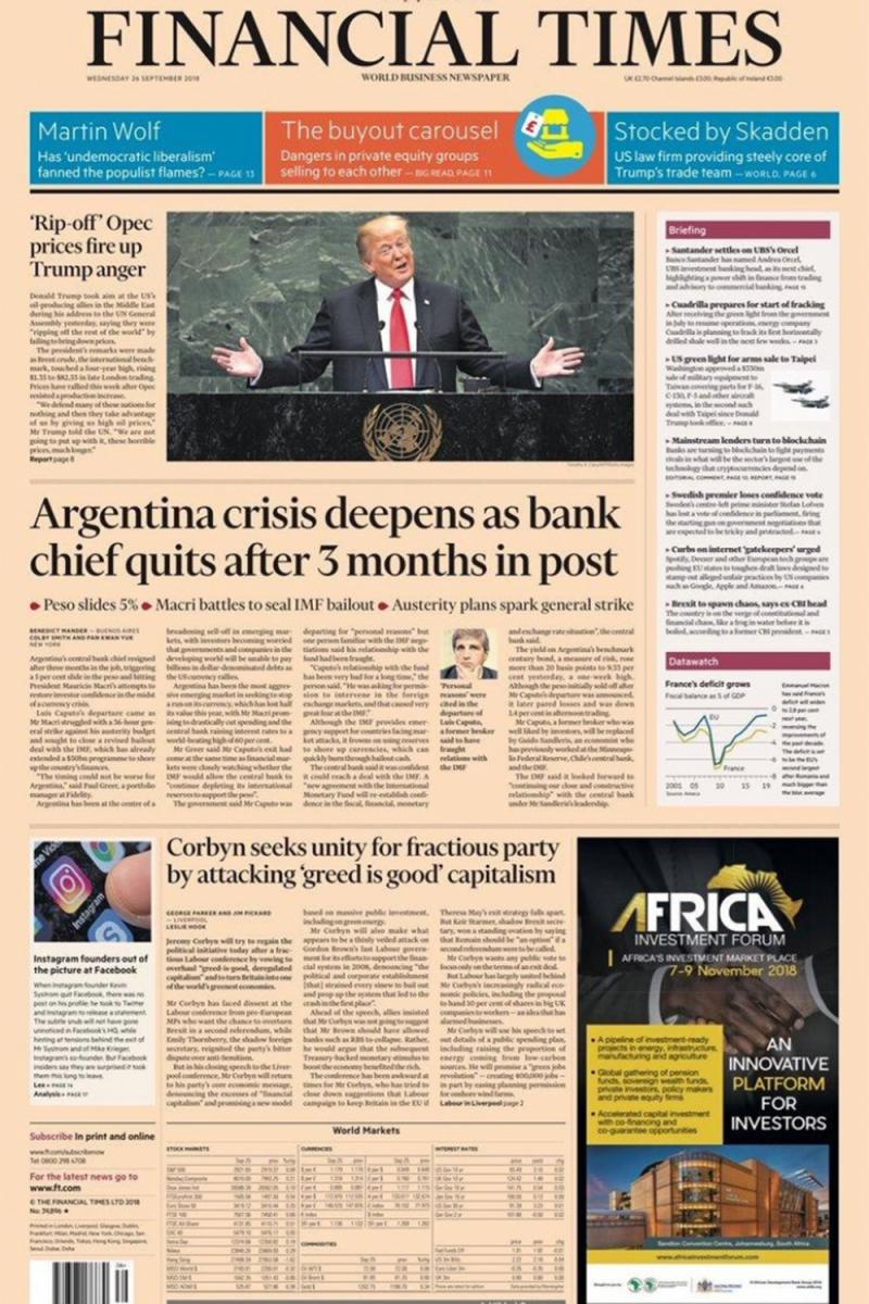 A dos días de haber recibido a Macri, el Financial Times sentenció: Argentina profundiza su crisis