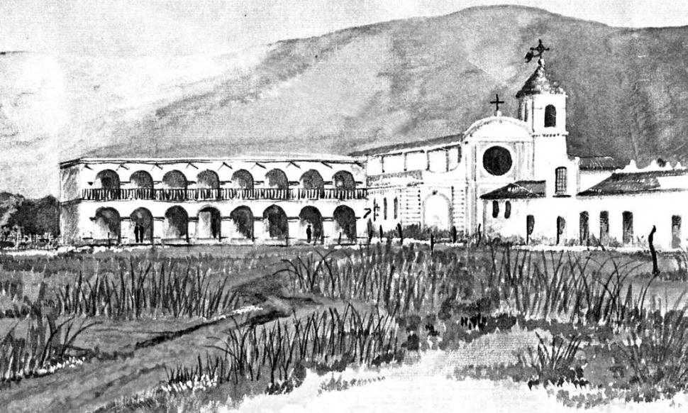 CABILDO DE TUCUMÁN. Tenía este aspecto en 1826, como lo reconstruye una témpera de Dante Rízzoli. Allí se reunía la “Sociedad de Individuos”