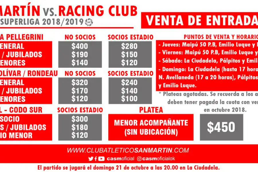 Comenzó la venta de entradas para ver a San Martín ante el líder Racing