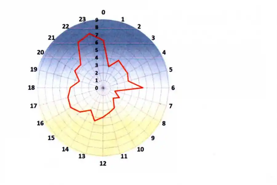 ANTES Y DESPUÉS. Según el servicio de Epidemiología del Hospital Padilla, la mayor cantidad de los ingresos por intoxicación se da entre las 22 y la medianoche (el horario de la “previa”) y luego a las 6 de la mañana, a la salida del boliche. El círculo representa un reloj; y la marca roja, el número de casos. Cuanto más alejados del centro, mayor cantidad de ingresos. 