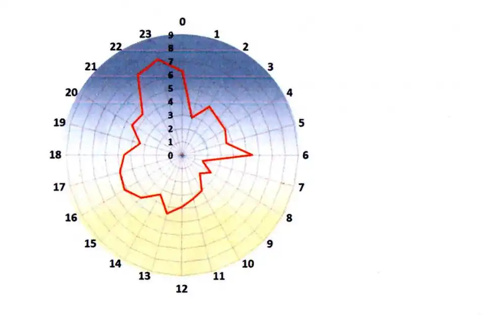 ANTES Y DESPUÉS. Según el servicio de Epidemiología del Hospital Padilla, la mayor cantidad de los ingresos por intoxicación se da entre las 22 y la medianoche (el horario de la “previa”) y luego a las 6 de la mañana, a la salida del boliche. El círculo representa un reloj; y la marca roja, el número de casos. Cuanto más alejados del centro, mayor cantidad de ingresos. 