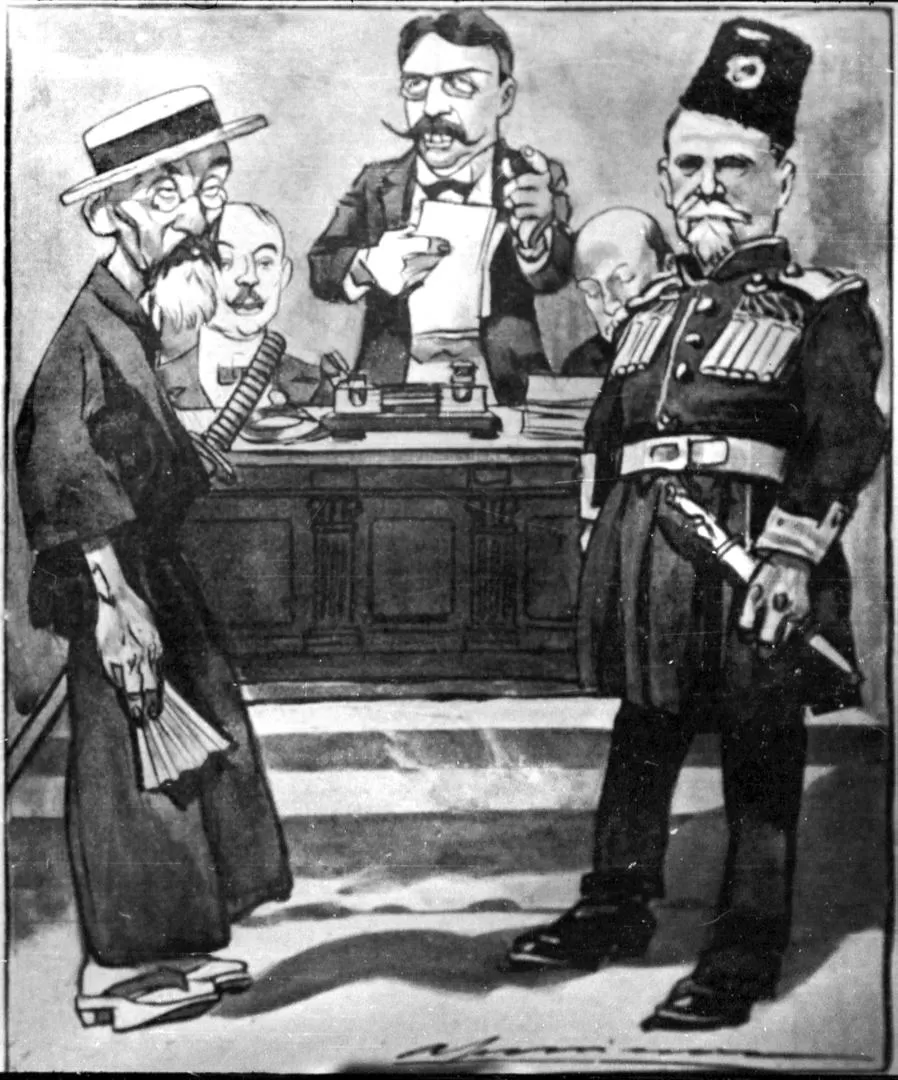 EN TUCUMÁN, 1905. En la caricatura de “Caras y Caretas”, Domingo T. Pérez está al centro, entre Lucas Córdoba y José Antonio Olmos, representantes de las fracciones en pugna. 