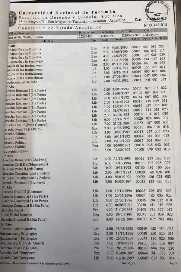 CERTIFICADO ANALÍTICO. El título indica que Ojeda Ávila fue aplazado en 19 oportunidades mientras cursaba la carrera de Abogacía.  