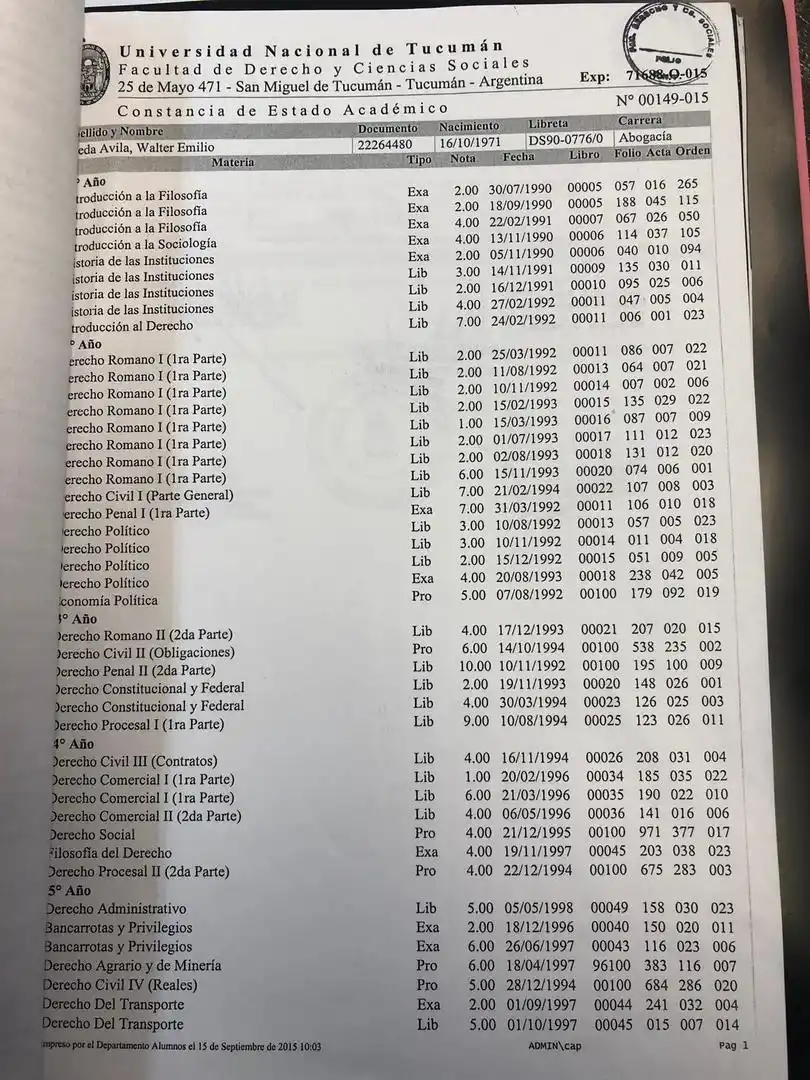CERTIFICADO ANALÍTICO. El título indica que Ojeda Ávila fue aplazado en 19 oportunidades mientras cursaba la carrera de Abogacía.  