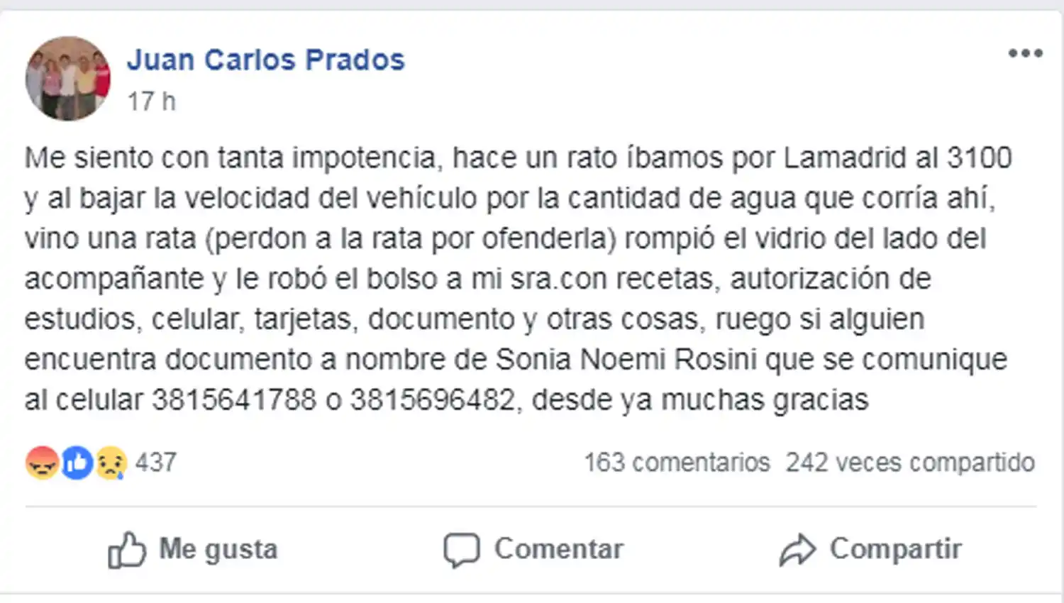 Aprovecharon la tormenta para reventar los vidrios de un auto y apoderarse de una cartera