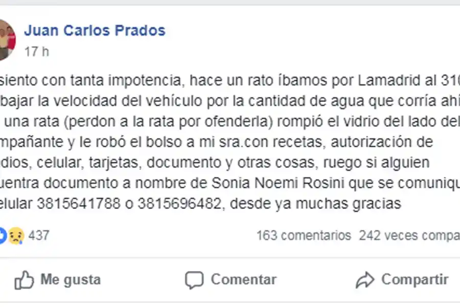 Aprovecharon la tormenta para reventar los vidrios de un auto y apoderarse de una cartera