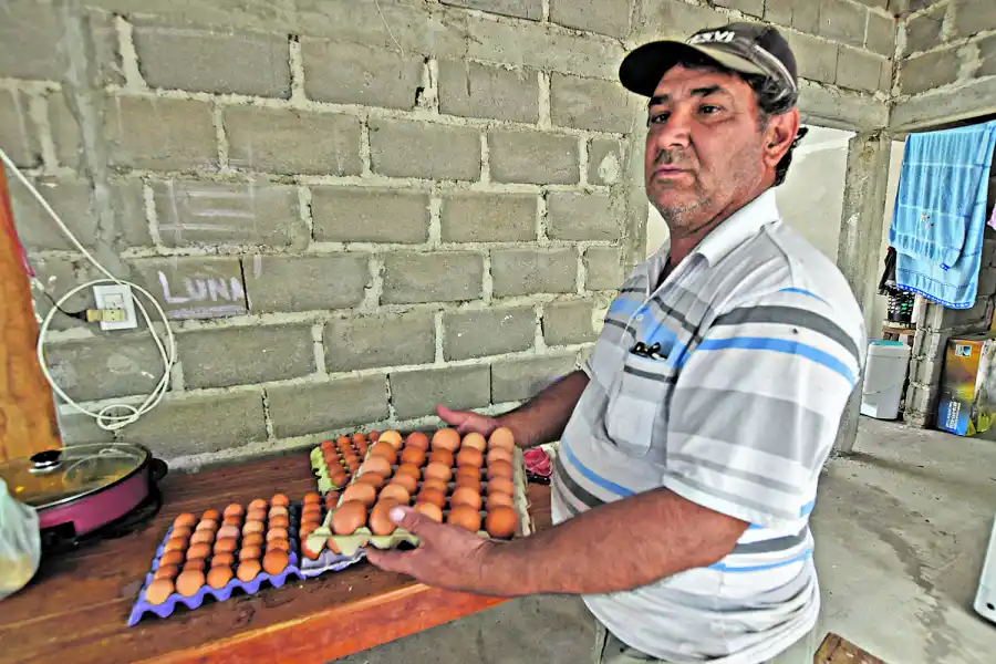 ACTIVIDAD ECONÓMICA. Sebastián Torres, además de la huerta, puso con ayuda de la comuna un emprendimiento de huevos.