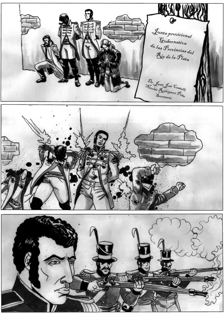 EPISODIOS. Con guión de Edgardo Albornoz y dibujos de Tomás Díaz Bálsamo, la obra captura el fuego revolucionario de Monteagudo. 