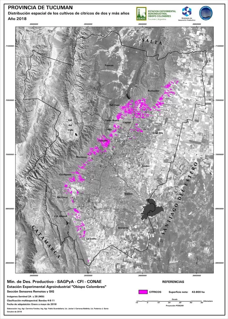 FIGURA 2. Distribución espacial de los cultivos de cítricos, con dos y/o más años de implantados en la provincia de Tucumán. Año 2018. 