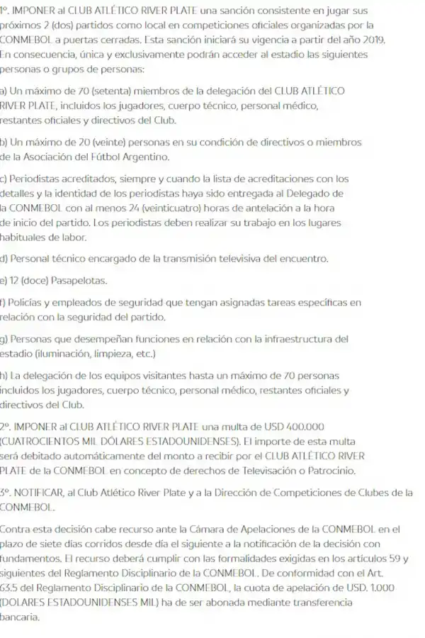 La sanción de Conmebol a River: sólo dos partidos a puertas cerradas y multa económica