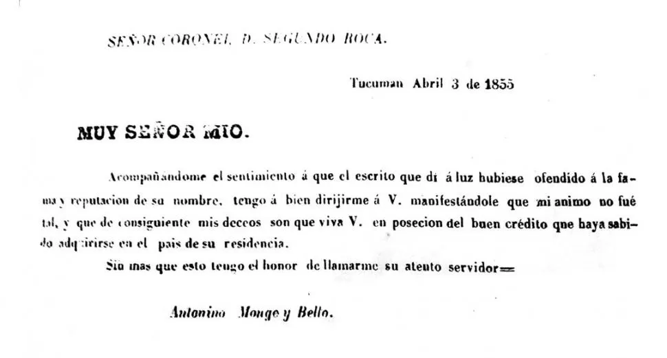 EN HOJA SUELTA. Impreso de 1855, donde Monge y Bello se excusaba por su escrito sobre José Segundo Roca. 