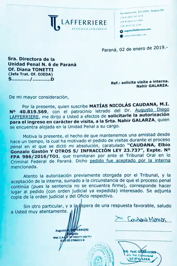 PEDIDO. La solicitud de visita que Matias hizo para poder ver a Nahir.