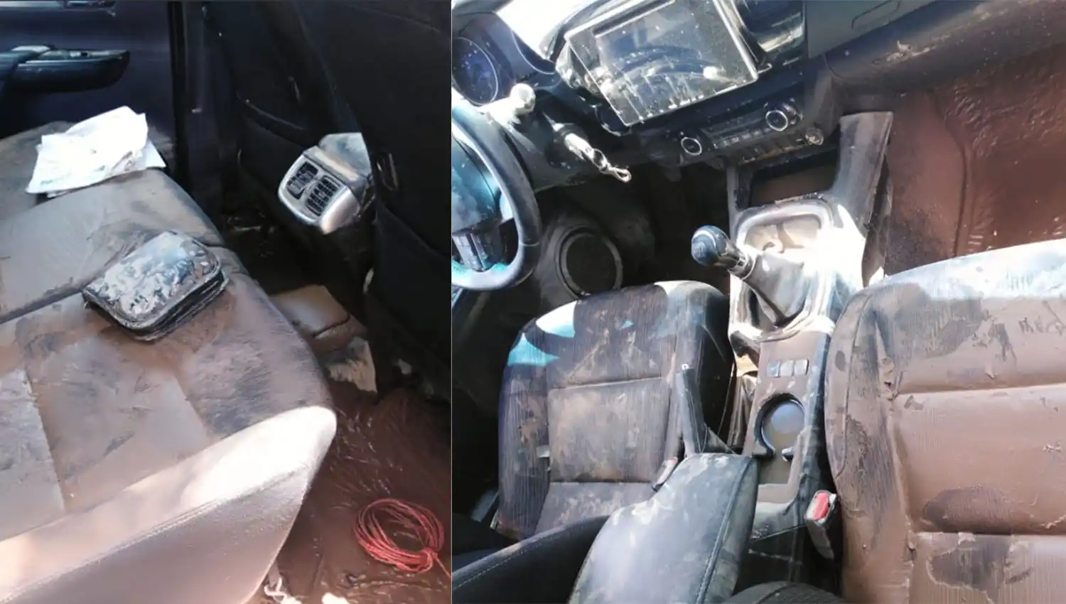 Así quedó el interior de la camioneta en el que viajaban las personas que fueron sorprendidas por la tormena. FOTOS DE TWITTER.COM/TREJORADIO