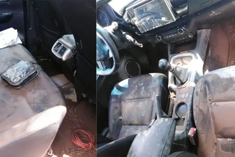 Así quedó el interior de la camioneta en el que viajaban las personas que fueron sorprendidas por la tormena. FOTOS DE TWITTER.COM/TREJORADIO