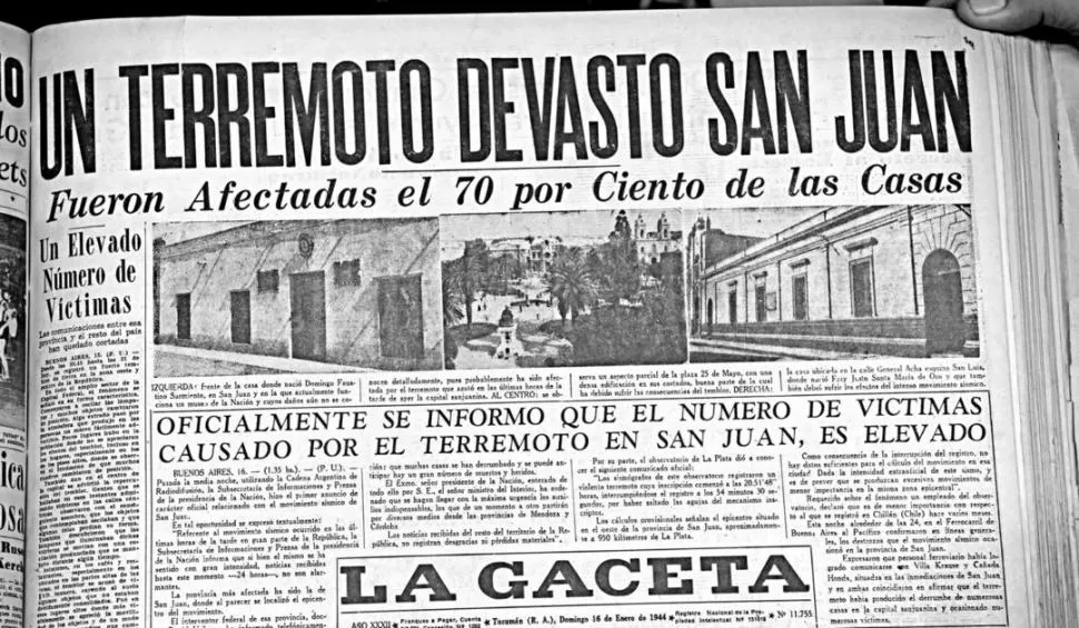 16 DE NOVIEMBRE DE 1944. La tapa de nuestro diario del día siguiente al terremoto que devastó la ciudad de San Juan y sus alrededores. Los primeros datos anunciaban que la destrucción alcanzaba al 70% de la ciudad. Con el pasar de los días ese valor aumentó hasta casi el 90%.  