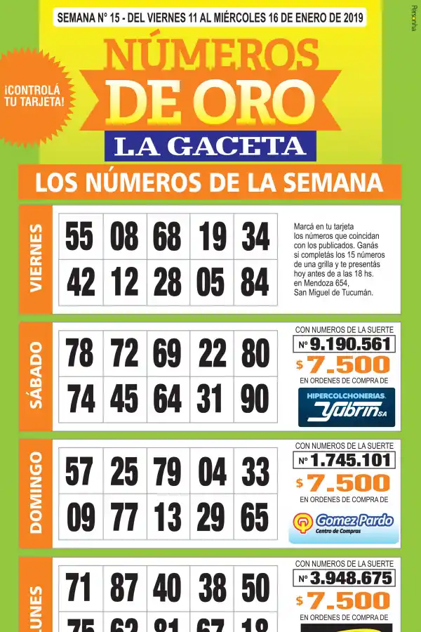 La grilla completa de los Números de Oro de LA GACETA