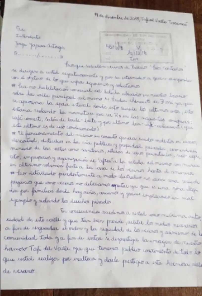 La carta que escribieron los vecinos al intendente Jorge Yapura Astorga el 14 de diciembre de 2018