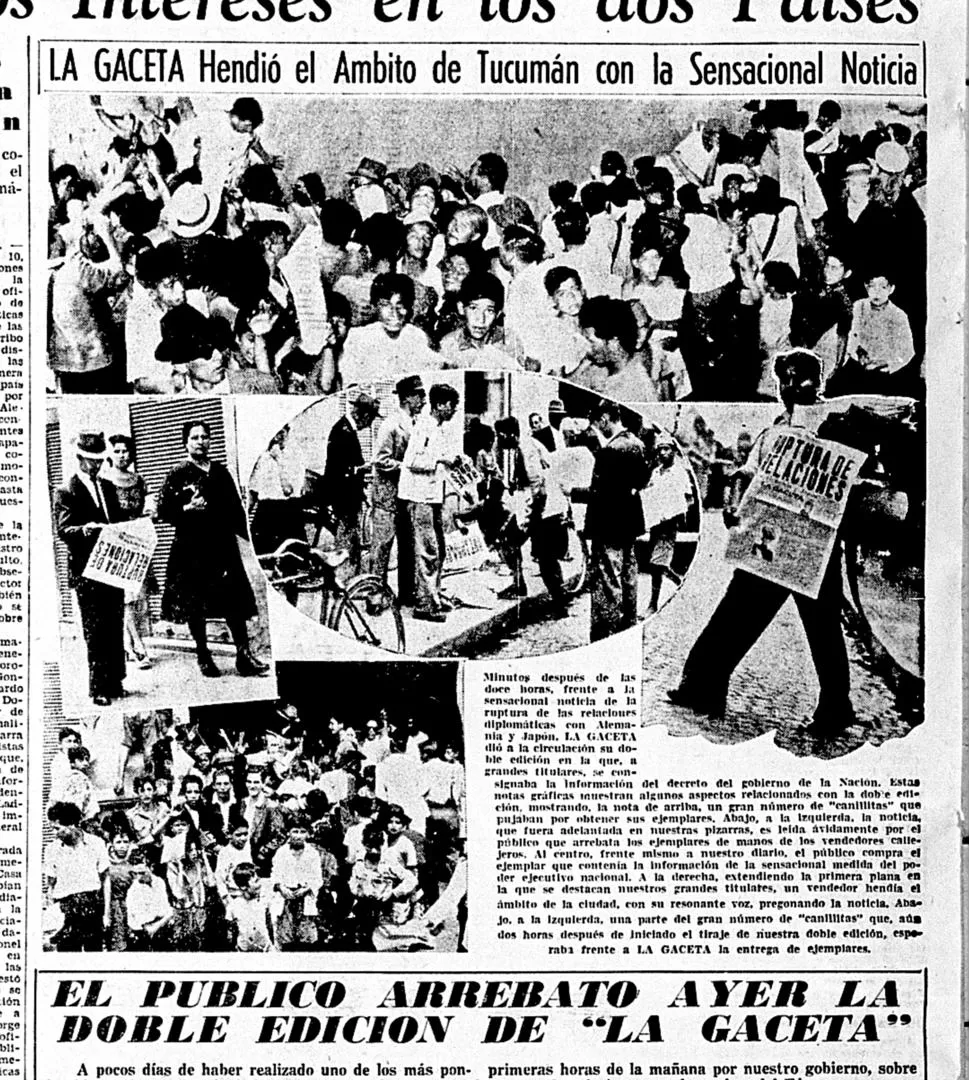 SENSACIONAL NOTICIA. Los hechos que se produjeron en Buenos Aires en la tarde y noche del 26 de enero de 1944 fueron reflejados por nuestras ediciones ya que el tema era de trascendental importancia para todos los argentinos. Canillitas esperaron para salir a vender la segunda edición de LA GACETA.  