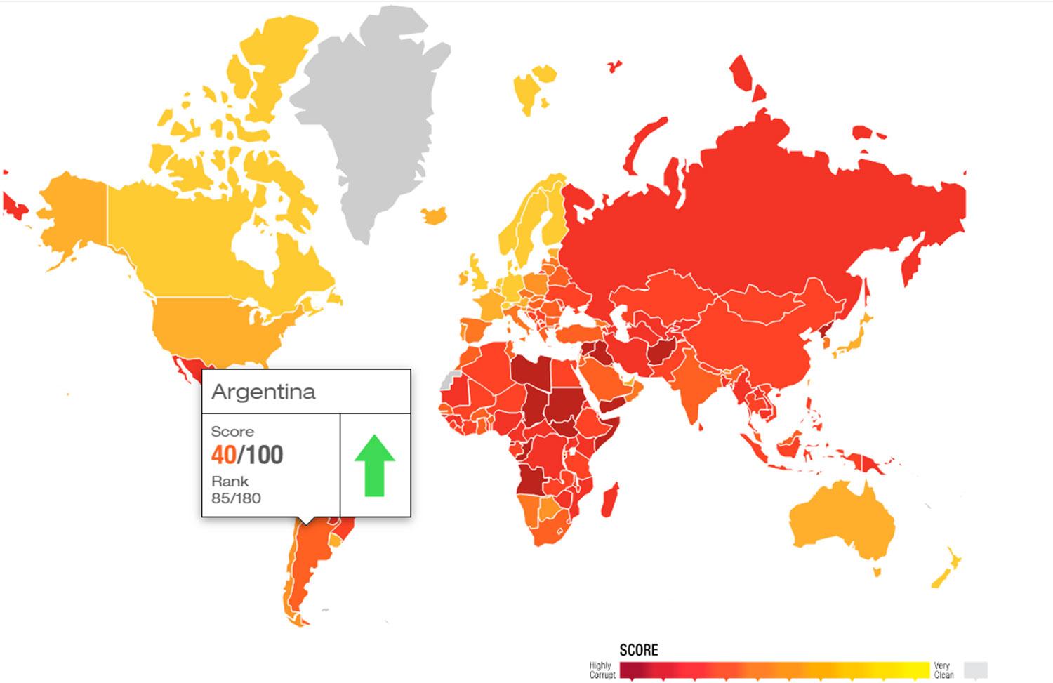 ÍNDICE DE PERCEPCIÓN DE CORRUPCIÓN. Argentina se posicionó en el puesto 85 de 180 países.