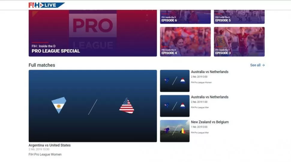HOCKEY. En nuestro país, el servicio de streaming de fih.live, no está disponible. captura de pantalla de fih.live 